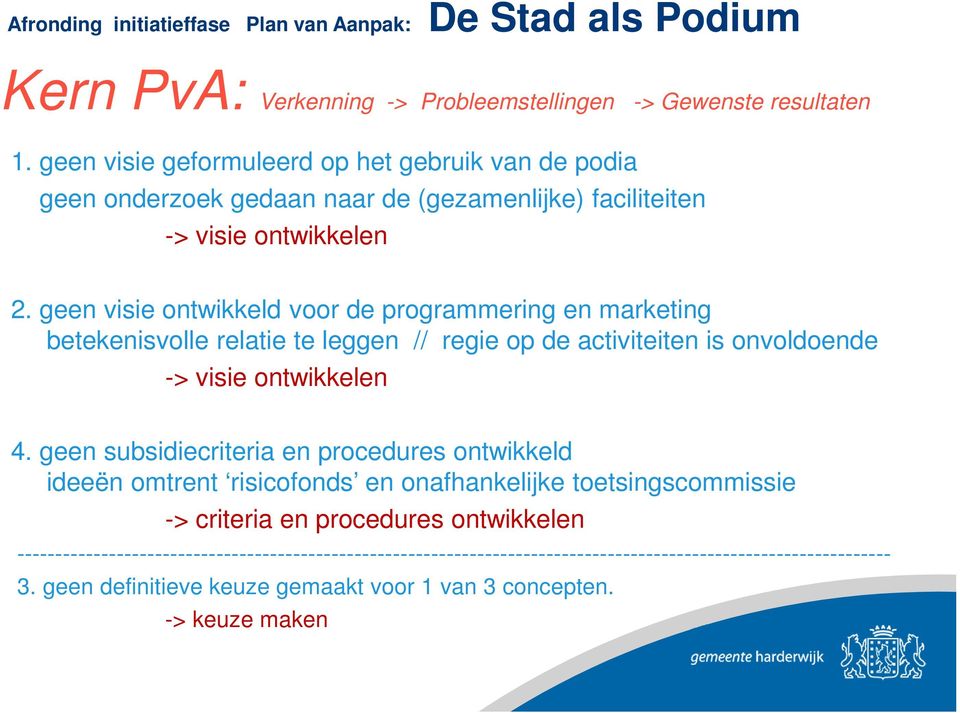 geen visie ontwikkeld voor de programmering en marketing betekenisvolle relatie te leggen // regie op de activiteiten is onvoldoende -> visie ontwikkelen 4.