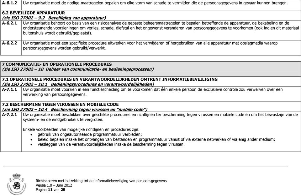 voorzieningen om verlies, schade, diefstal en het ongewenst veranderen van persoonsgegevens te voorkomen (ook indien dit materiaal buitenshuis wordt gebruikt/geplaatst). A-6.2.