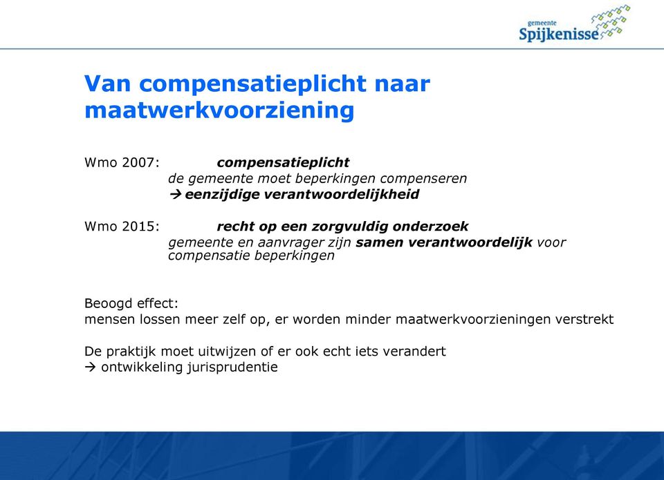 zijn samen verantwoordelijk voor compensatie beperkingen Beoogd effect: mensen lossen meer zelf op, er worden