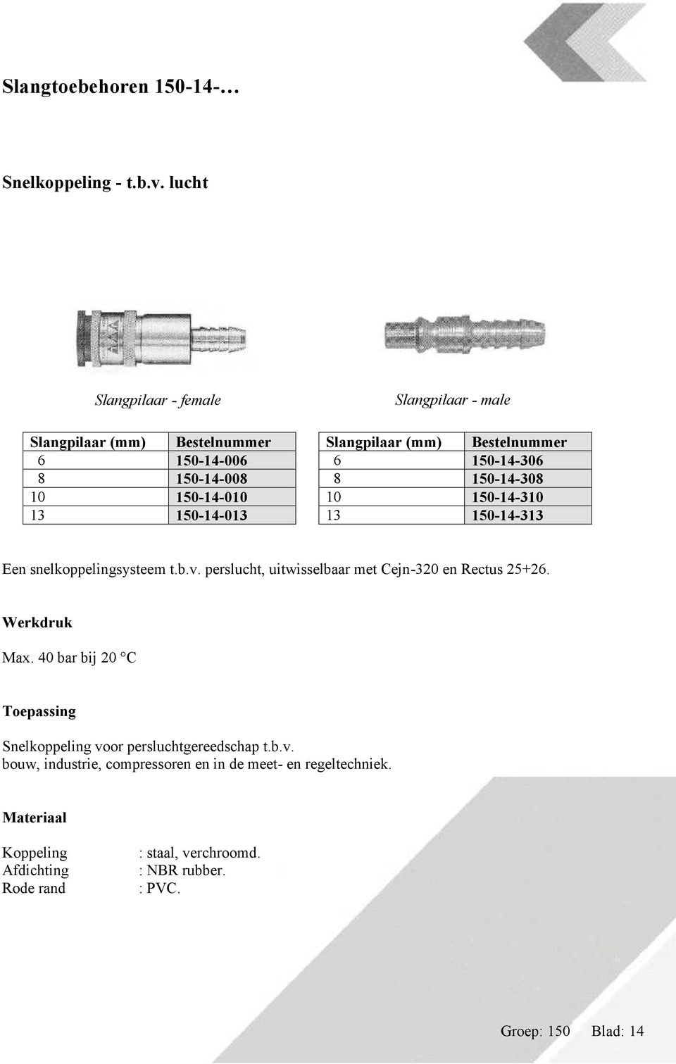 (mm) Bestelnummer 6 150-14-306 8 150-14-308 10 150-14-310 13 150-14-313 Een snelkoppelingsysteem t.b.v.