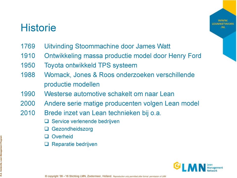 1990 Westerse automotive schakelt om naar Lean 2000 Andere serie matige producenten volgen Lean model 2010