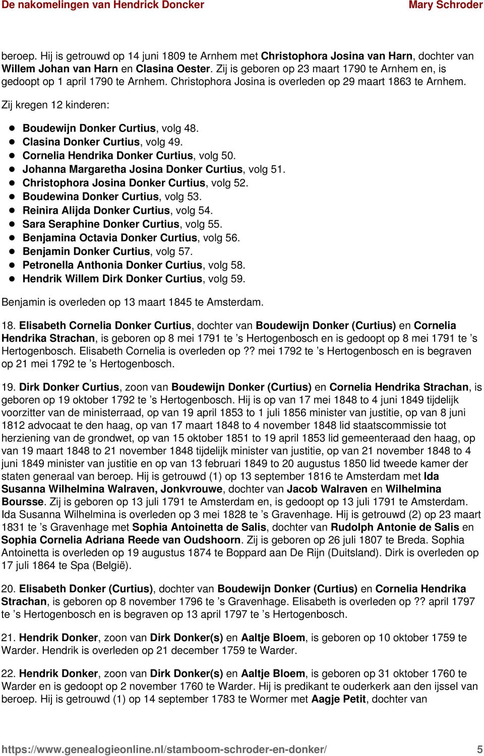 Zij kregen 12 kinderen: Boudewijn Donker Curtius, volg 48. Clasina Donker Curtius, volg 49. Cornelia Hendrika Donker Curtius, volg 50. Johanna Margaretha Josina Donker Curtius, volg 51.