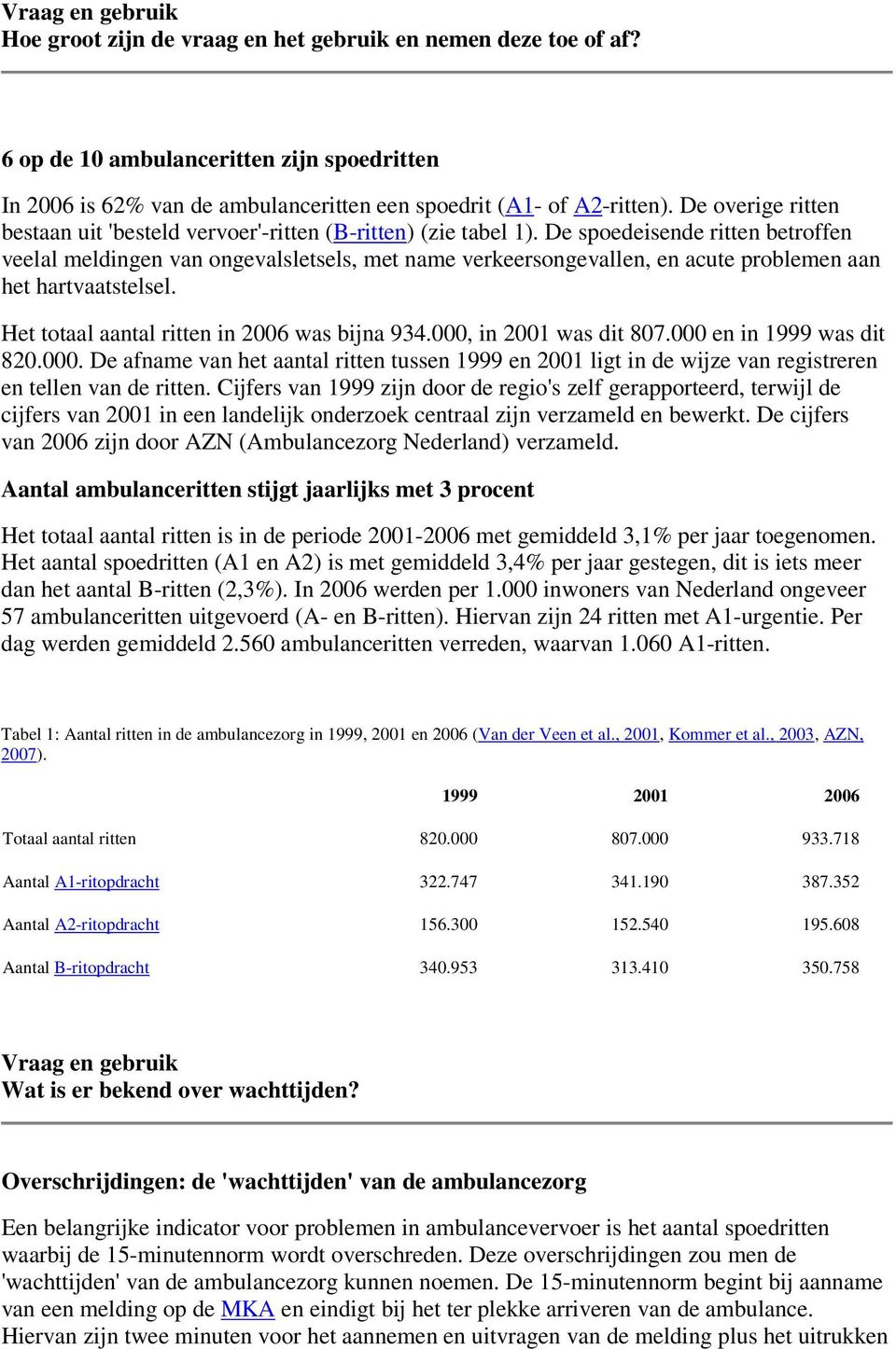 De spoedeisende ritten betroffen veelal meldingen van ongevalsletsels, met name verkeersongevallen, en acute problemen aan het hartvaatstelsel. Het totaal aantal ritten in 2006 was bijna 934.