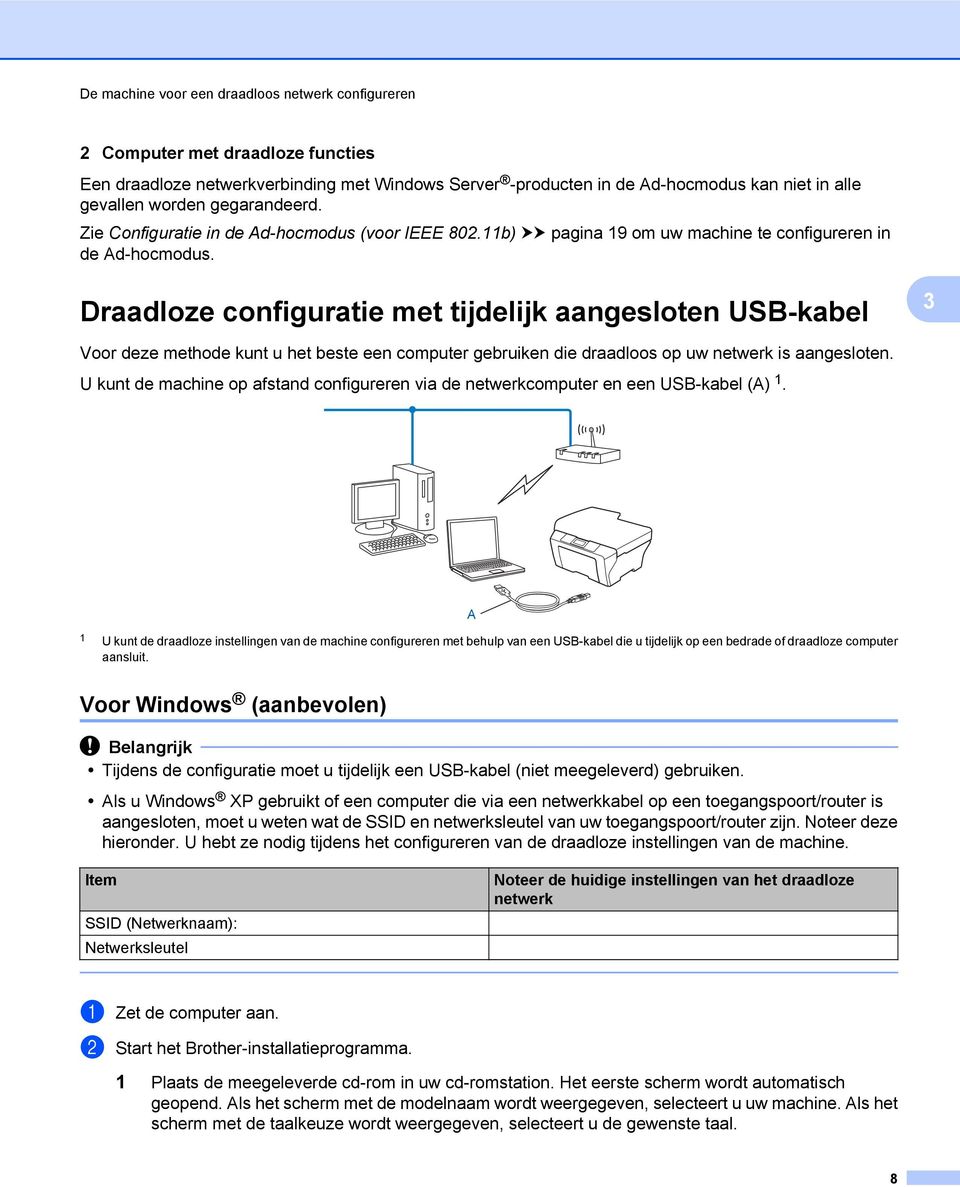 Draadloze configuratie met tijdelijk aangesloten USB-kabel 3 Voor deze methode kunt u het beste een computer gebruiken die draadloos op uw netwerk is aangesloten.