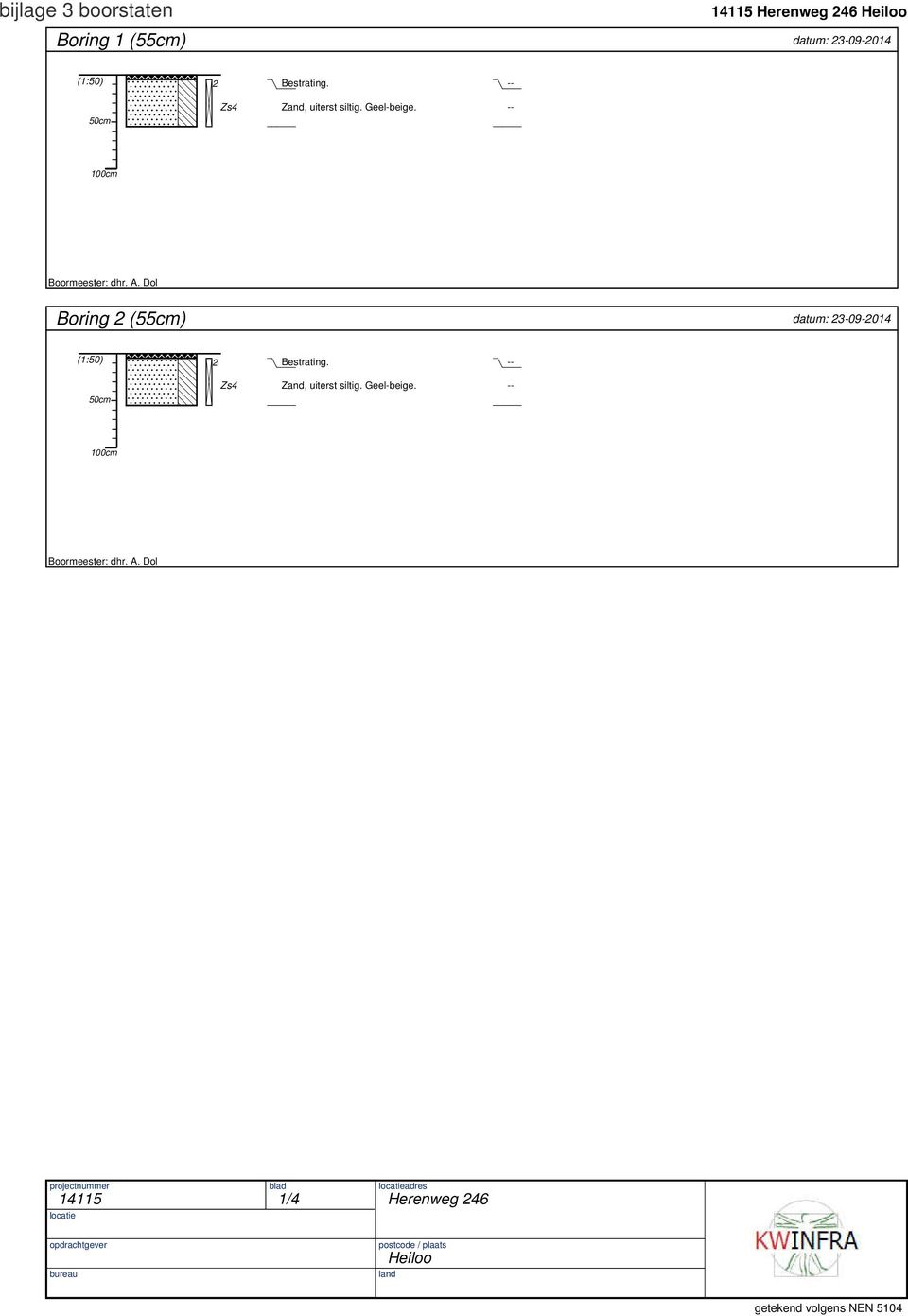 Dol Boring 2 (55cm) datum: 23092014 (1:50) 50cm 2 Zs4 Bestrating. Zand, uiterst siltig. Geelbeige.