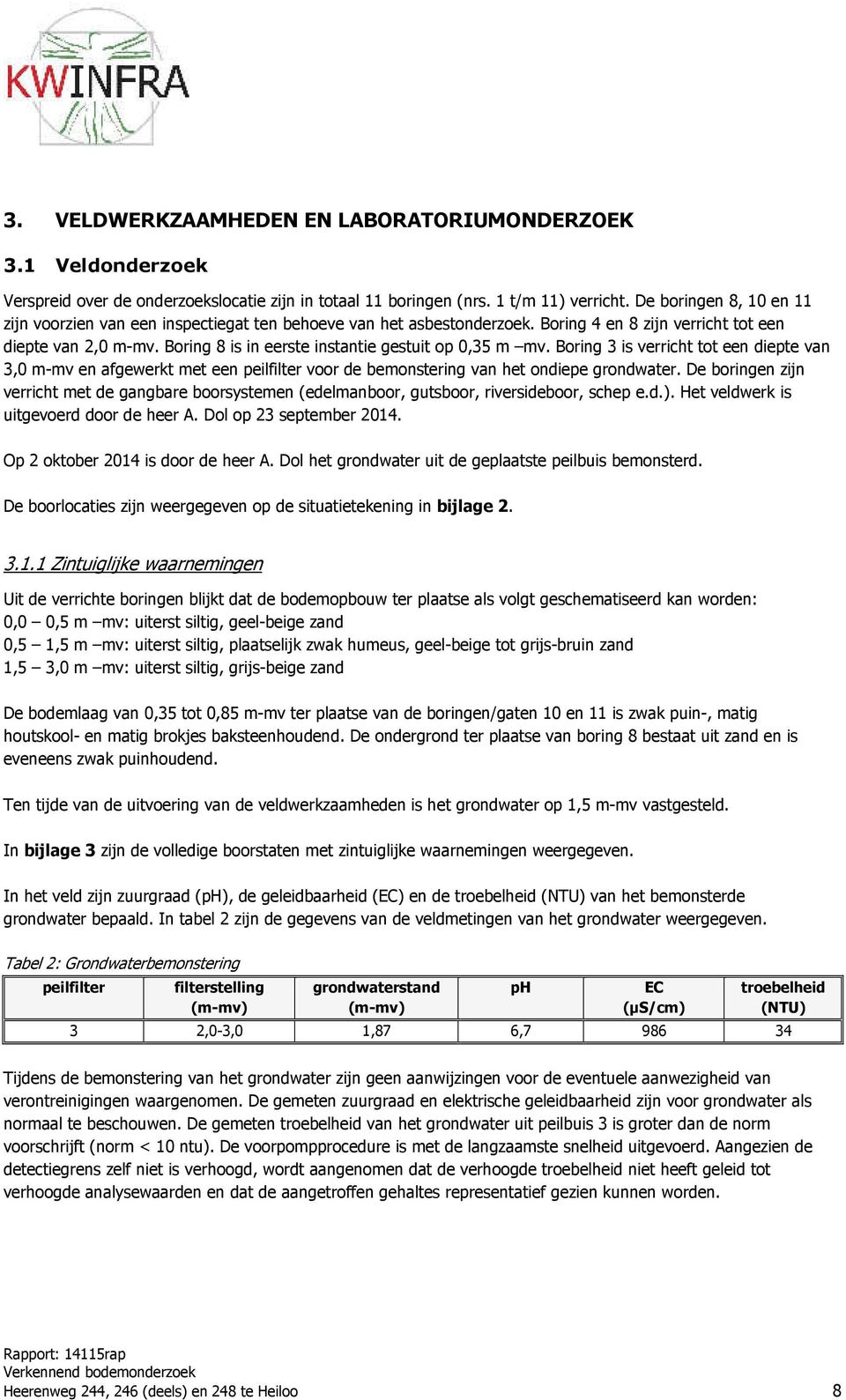 Boring 8 is in eerste instantie gestuit op 0,35 m mv. Boring 3 is verricht tot een diepte van 3,0 mmv en afgewerkt met een peilfilter voor de bemonstering van het ondiepe grondwater.