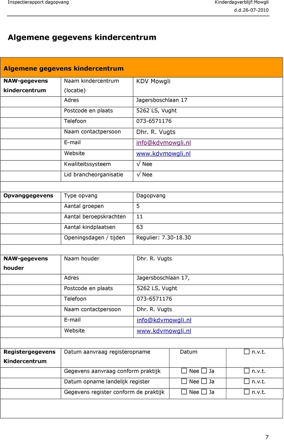 nl www.kdvmowgli.nl Nee Nee Opvanggegevens Type opvang Dagopvang Aantal groepen 5 Aantal beroepskrachten 11 Aantal kindplaatsen 63 Openingsdagen / tijden Regulier: 7.30-18.