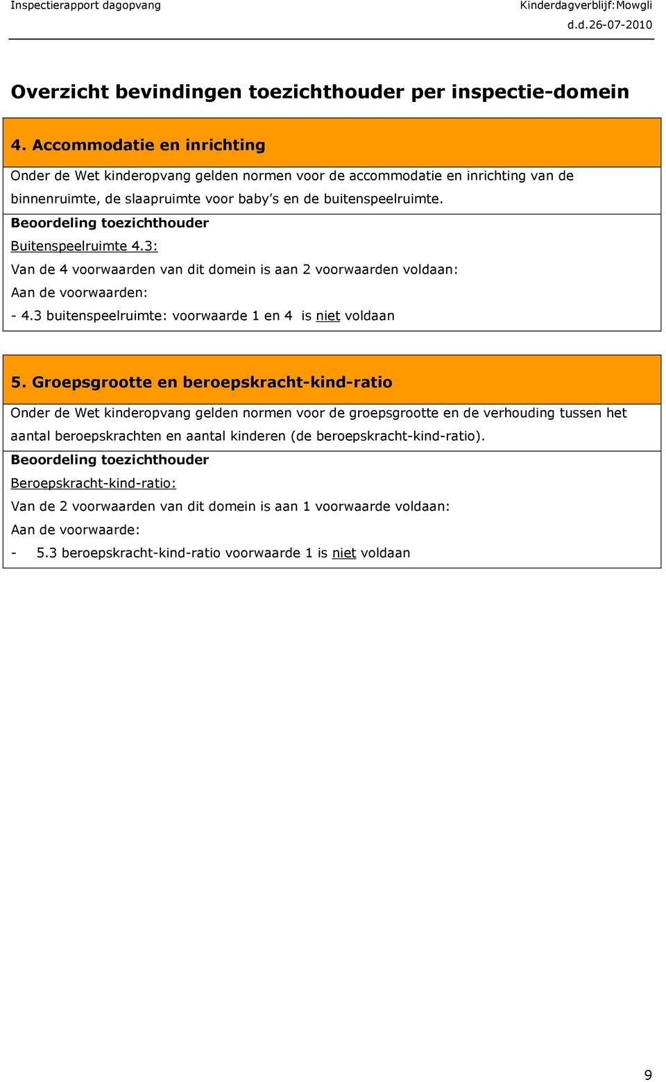 Beoordeling toezichthouder Buitenspeelruimte 4.3: Van de 4 voorwaarden van dit domein is aan 2 voorwaarden voldaan: Aan de voorwaarden: - 4.3 buitenspeelruimte: voorwaarde 1 en 4 is niet voldaan 5.