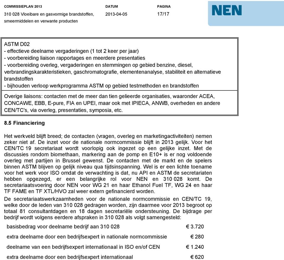 brandstoffen Overige liaisons: contacten met de meer dan tien gelieerde organisaties, waaronder ACEA, CONCAWE, EBB, E-pure, FIA en UPEI, maar ook met IPIECA, ANWB, overheden en andere CEN/TC's, via