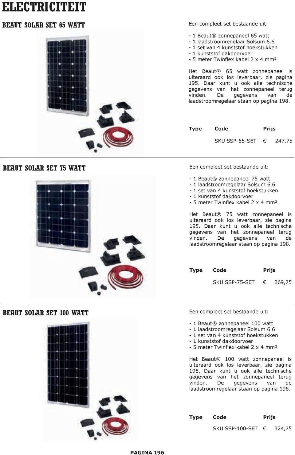 Daar kunt u ook alle technische gegevens van het zonnepaneel terug vinden. De gegevens van de laadstroomregelaar staan op pagina 198.