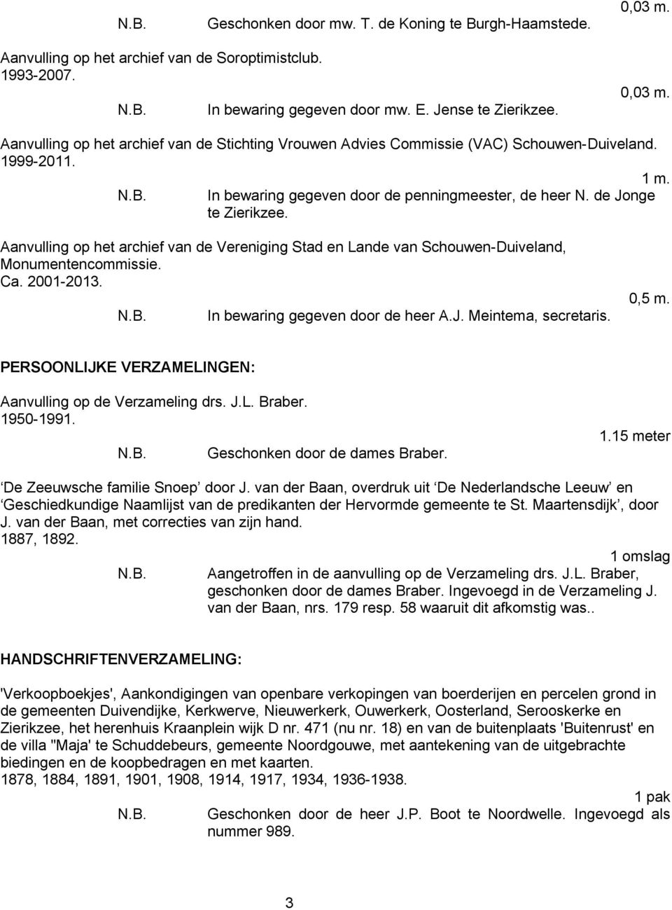 2001- In bewaring gegeven door de heer A.J. Meintema, secretaris. 0,5 m. PERSOONLIJKE VERZAMELINGEN: Aanvulling op de Verzameling drs. J.L. Braber. 1950-1991. Geschonken door de dames Braber. 1.15 meter De Zeeuwsche familie Snoep door J.