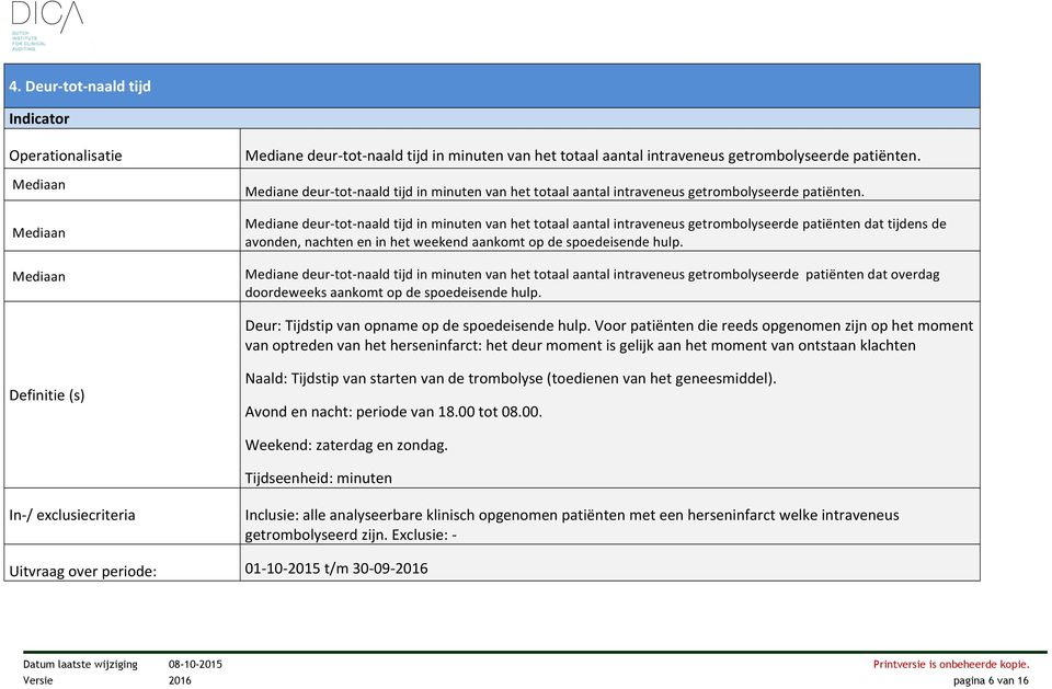 Mediane deur-tot-naald tijd in minuten van het totaal aantal intraveneus getrombolyseerde patiënten dat tijdens de avonden, nachten en in het weekend aankomt op de spoedeisende hulp.