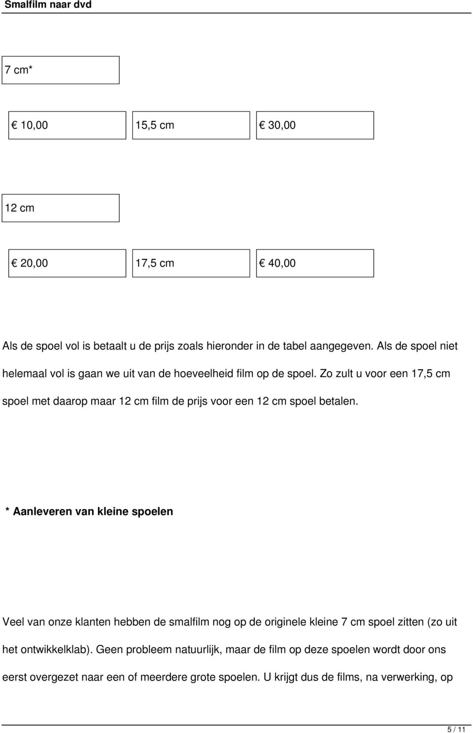 Zo zult u voor een 17,5 cm spoel met daarop maar 12 cm film de prijs voor een 12 cm spoel betalen.