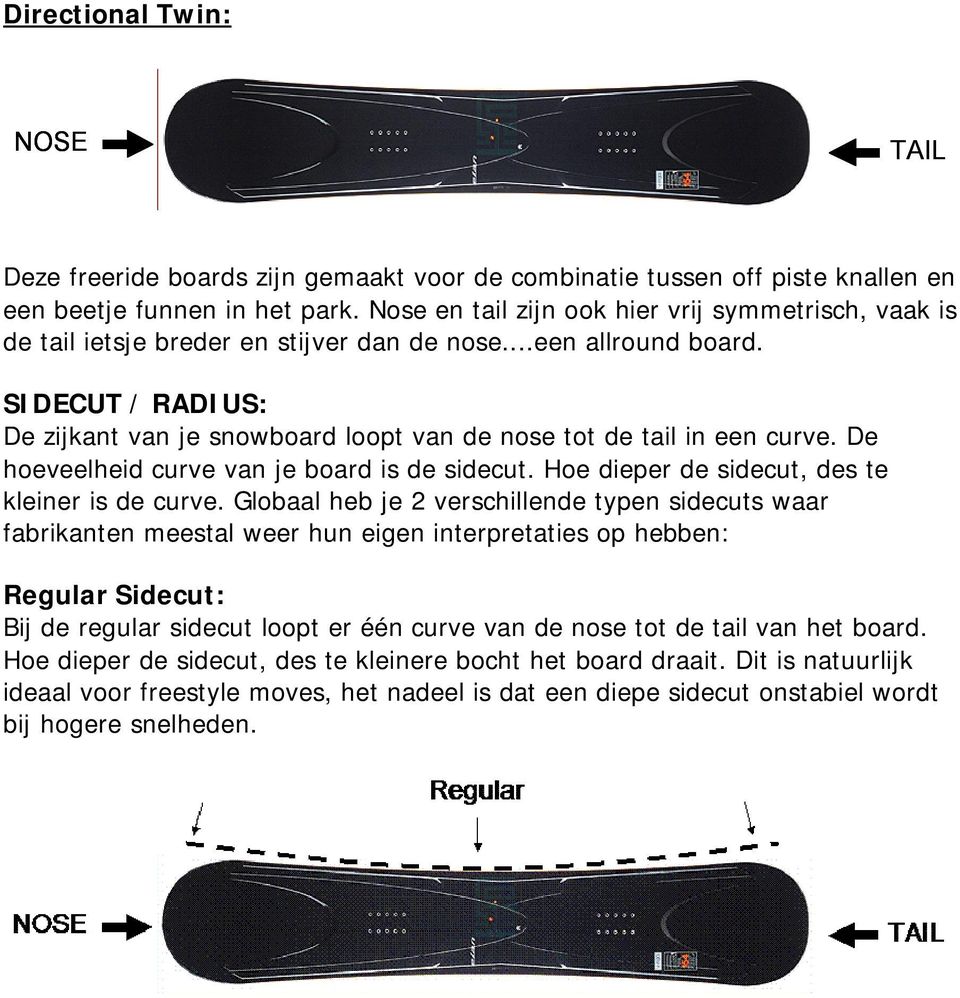 SIDECUT / RADIUS: De zijkant van je snowboard loopt van de nose tot de tail in een curve. De hoeveelheid curve van je board is de sidecut. Hoe dieper de sidecut, des te kleiner is de curve.