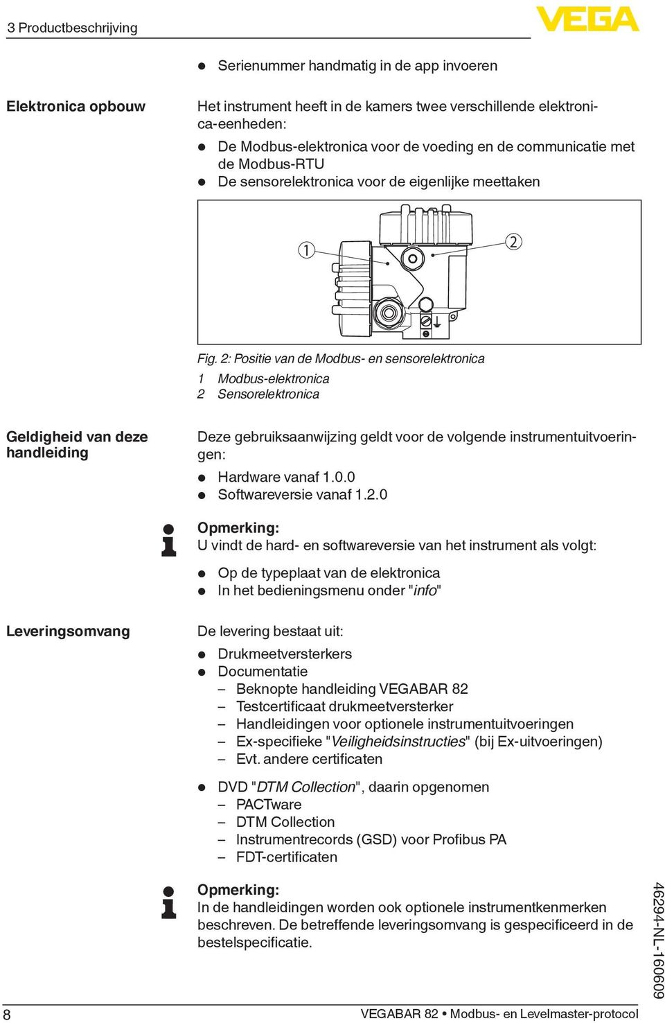 2: Positie van de Modbus- en sensorelektronica 1 Modbus-elektronica 2 Sensorelektronica Geldigheid van deze handleiding Leveringsomvang 8 Deze gebruiksaanwijzing geldt voor de volgende