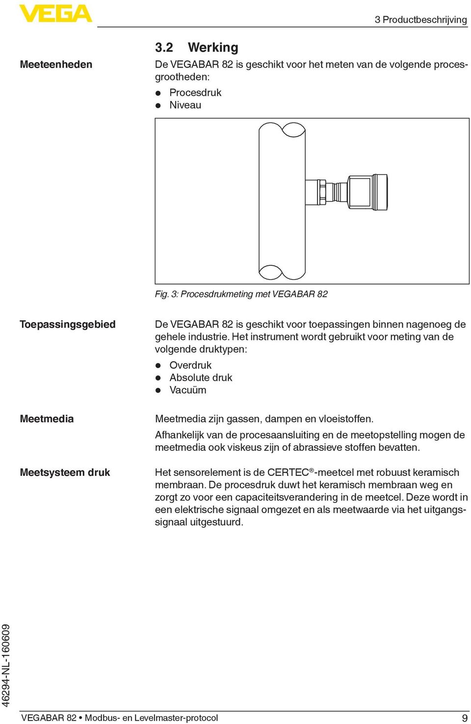 Het instrument wordt gebruikt voor meting van de volgende druktypen: Overdruk Absolute druk Vacuüm Meetmedia zijn gassen, dampen en vloeistoffen.