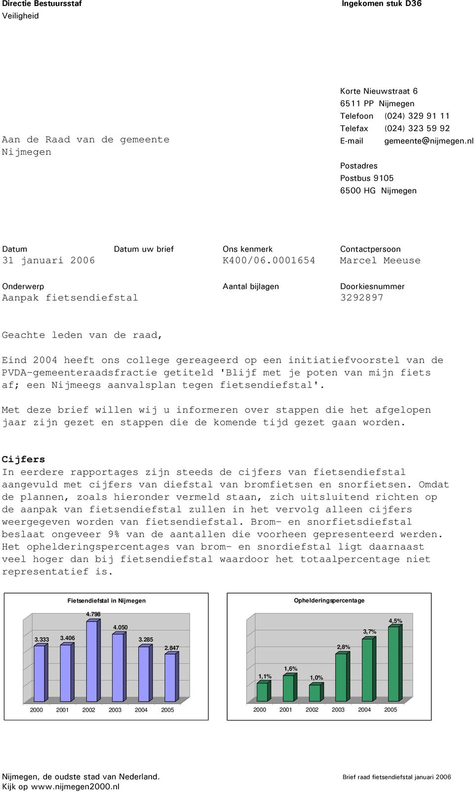 0001654 Contactpersoon Marcel Meeuse Onderwerp Aanpak fietsendiefstal Aantal bijlagen Doorkiesnummer 3292897 Geachte leden van de raad, Eind 2004 heeft ons college gereageerd op een