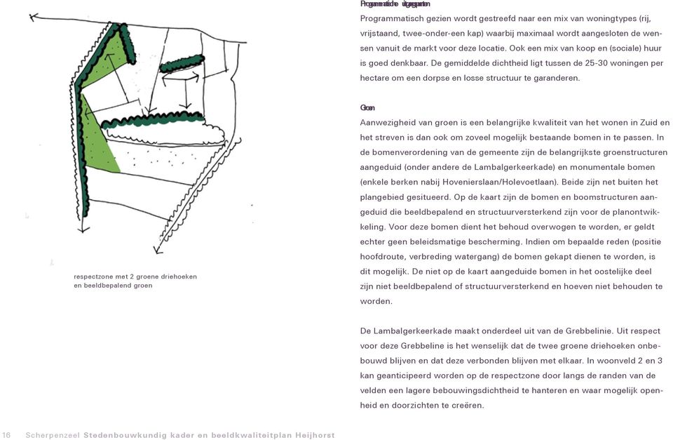 respectzone met 2 groene driehoeken en beeldbepalend groen Groen Aanwezigheid van groen is een belangrijke kwaliteit van het wonen in Zuid en het streven is dan ook om zoveel mogelijk bestaande bomen