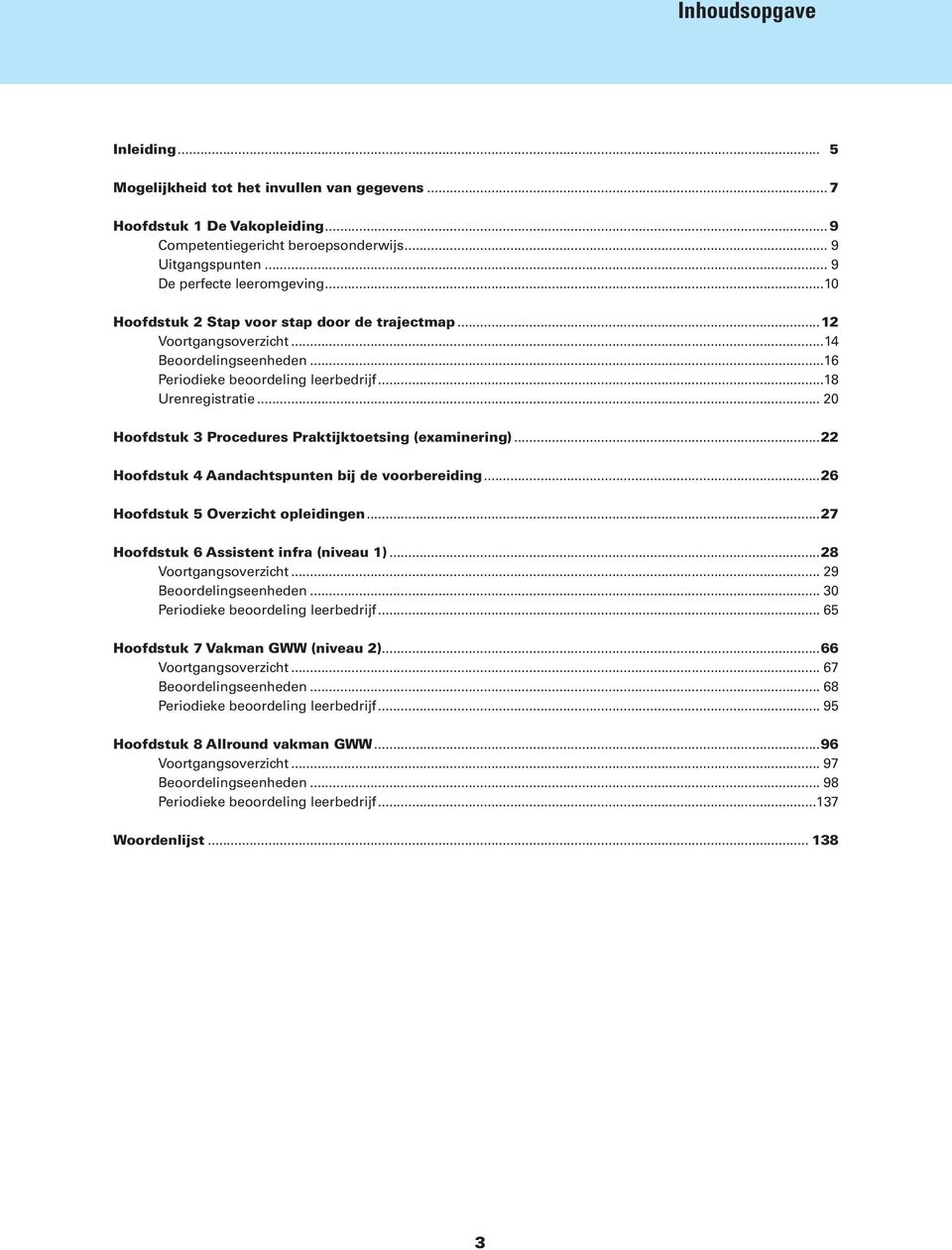 .. 20 Hoofdstuk 3 Procedures Praktijktoetsing (examinering)...22 Hoofdstuk 4 Aandachtspunten bij de voorbereiding...26 Hoofdstuk 5 Overzicht opleidingen...27 Hoofdstuk 6 Assistent infra (niveau 1).