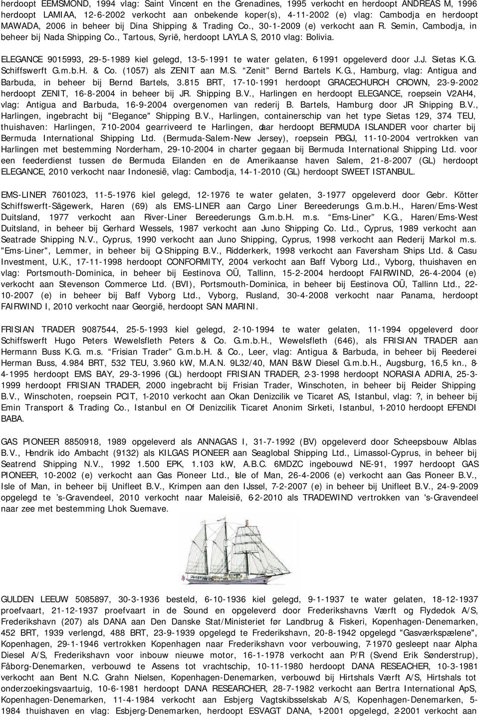 ELEGANCE 9015993, 29-5-1989 kiel gelegd, 13-5-1991 te water gelaten, 6-1991 opgeleverd door J.J. Sietas K.G. Schiffswerft G.m.b.H. & Co. (1057) als ZENIT aan M.S. Zenit Bernd Bartels K.G., Hamburg, vlag: Antigua and Barbuda, in beheer bij Bernd Bartels, 3.