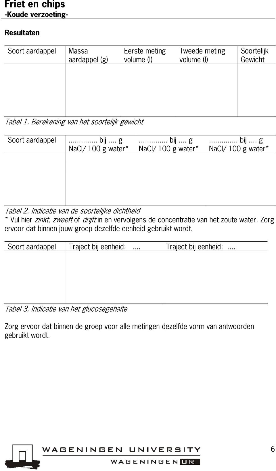 Indicatie van de soortelijke dichtheid * Vul hier zinkt, zweeft of drijft in en vervolgens de concentratie van het zoute water.