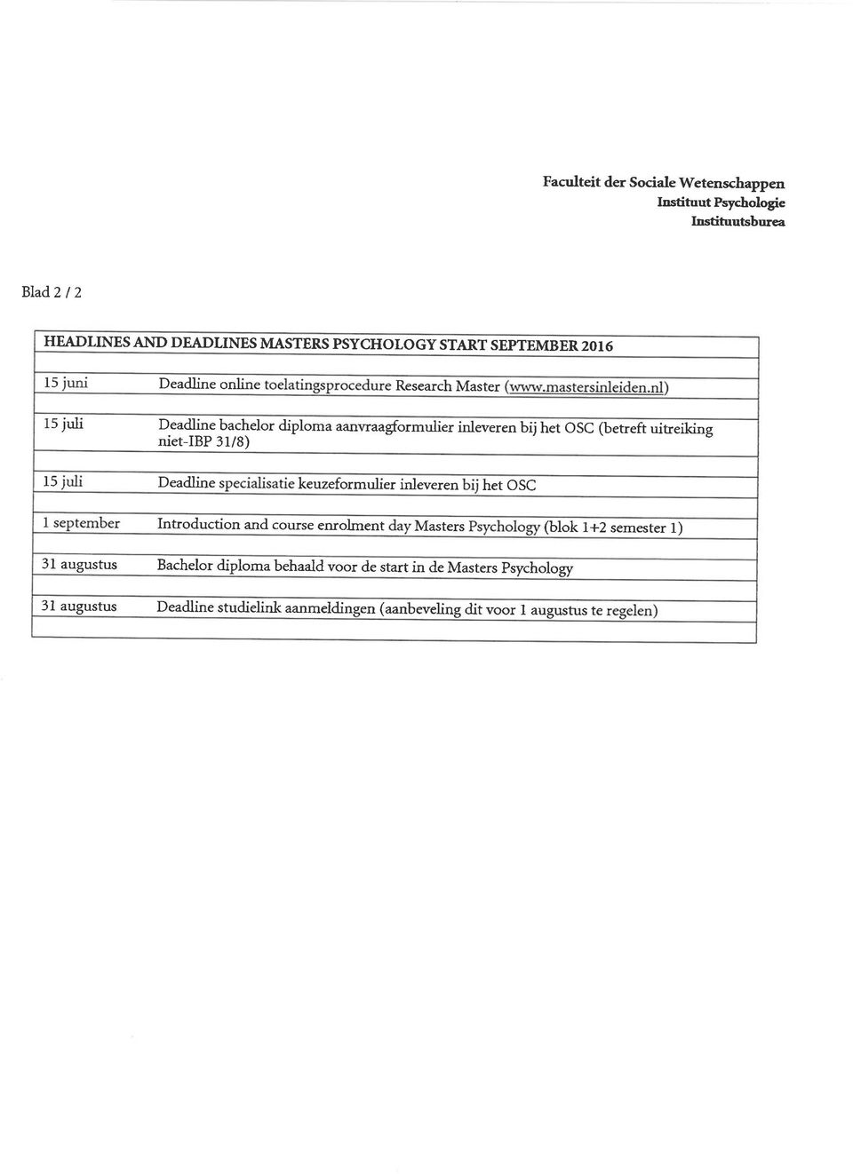 OSC (betreft uitreiking 15 Deadline keuzeformulier inleveren het OSC 1 Introduction and course en olment Masters (blok 1+2 semester 1) 31