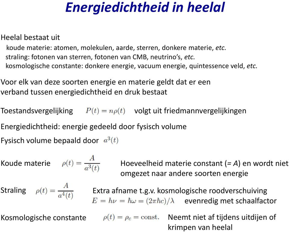 Voor elk van deze soorten energie en materie geldt dat er een verband tussen energiedichtheid en druk bestaat Toestandsvergelijking volgt uit friedmannvergelijkingen Energiedichtheid: energie