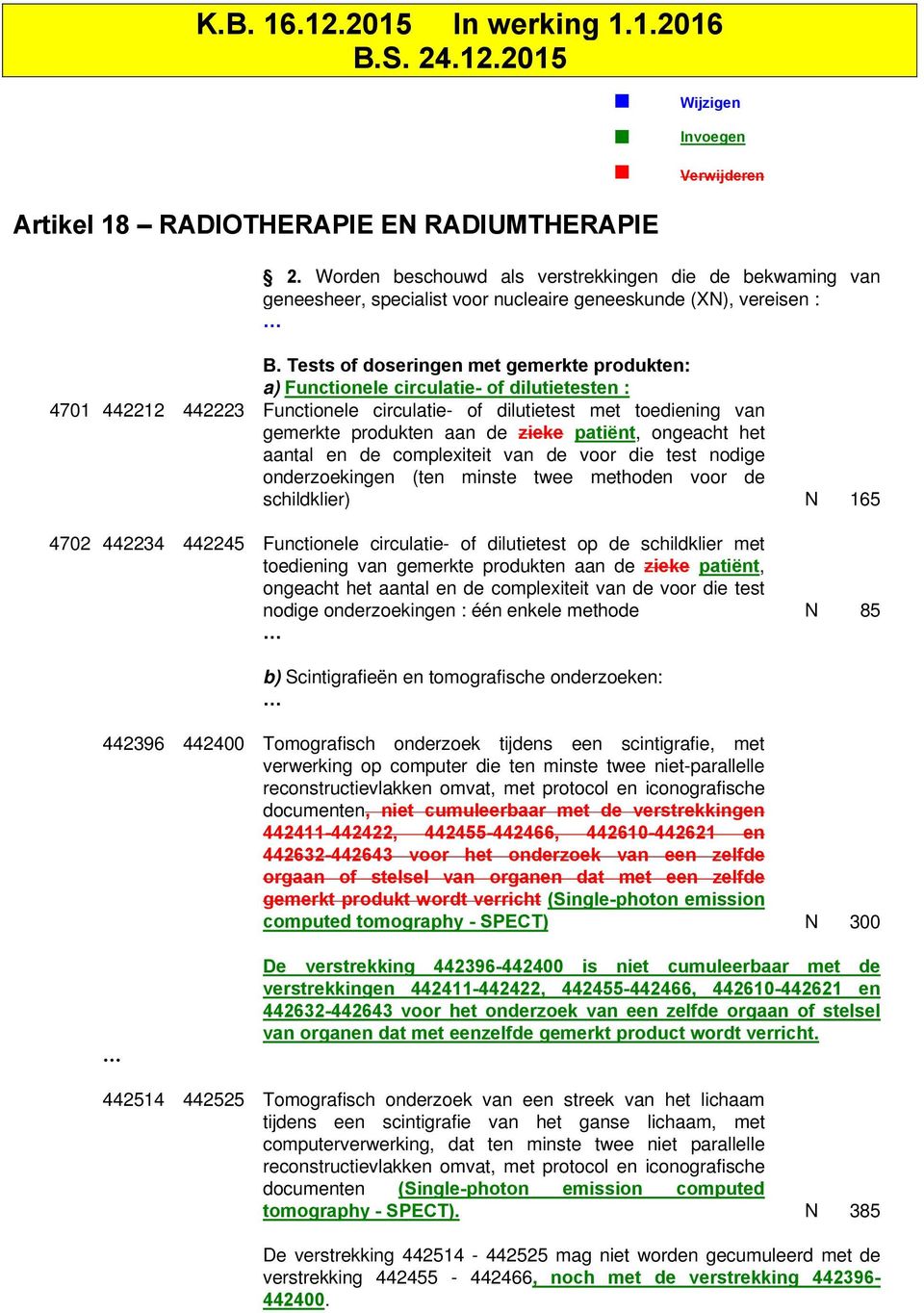 Tests of doseringen met gemerkte produkten: a) Functionele circulatie- of dilutietesten : 4701 442212 442223 Functionele circulatie- of dilutietest met toediening van gemerkte produkten aan de zieke