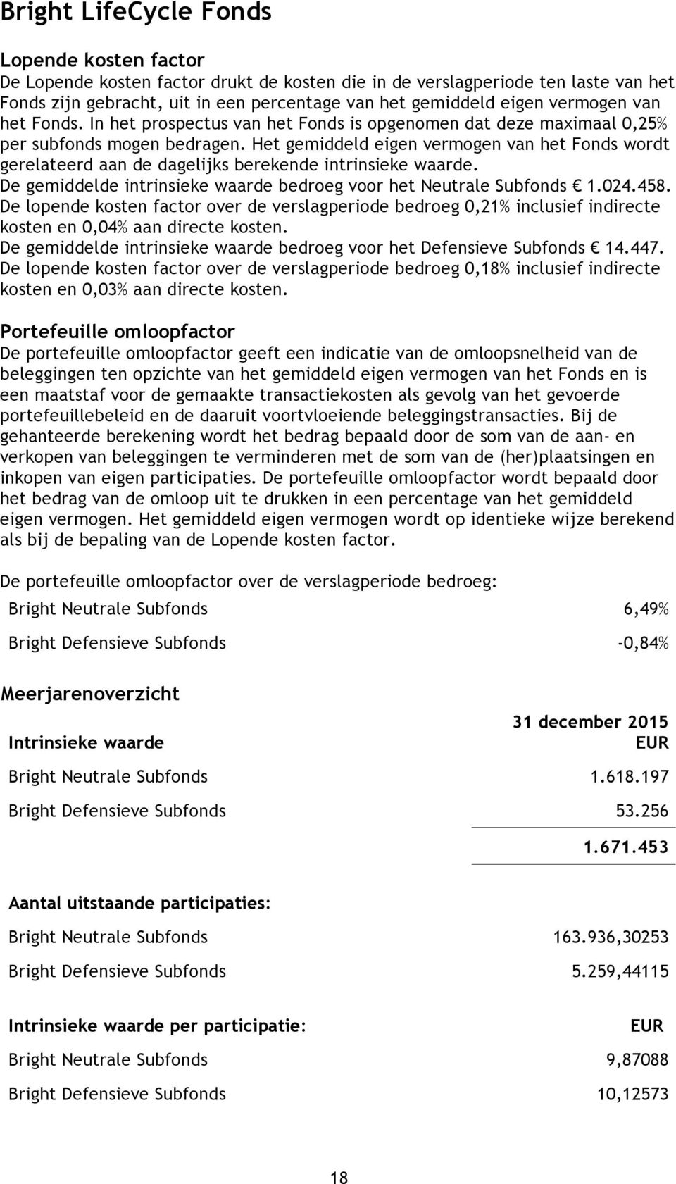 Het gemiddeld eigen vermogen van het Fonds wordt gerelateerd aan de dagelijks berekende intrinsieke waarde. De gemiddelde intrinsieke waarde bedroeg voor het Neutrale Subfonds 1.024.458.