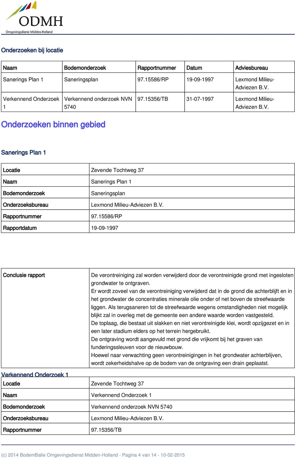 V. 97.15586/RP Rapportdatum 19-09-1997 Opmerkingen Conclusie rapport De verontreiniging zal worden verwijderd door de verontreinigde grond met ingesloten grondwater te ontgraven.