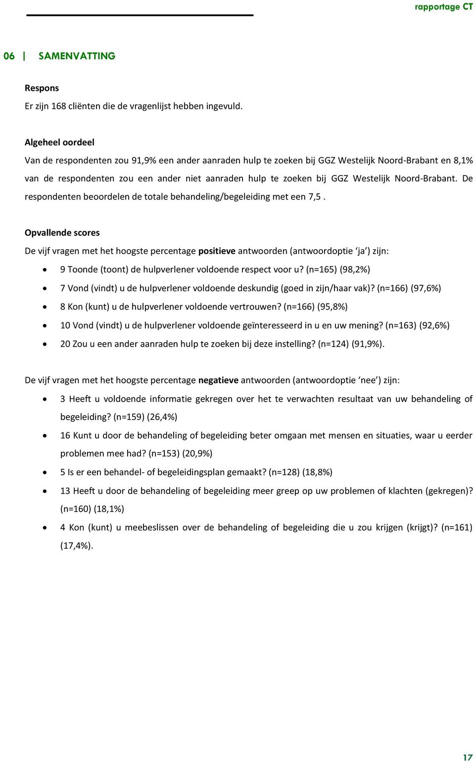 Westelijk Noord-Brabant. De respondenten beoordelen de totale behandeling/begeleiding met een 7,5.