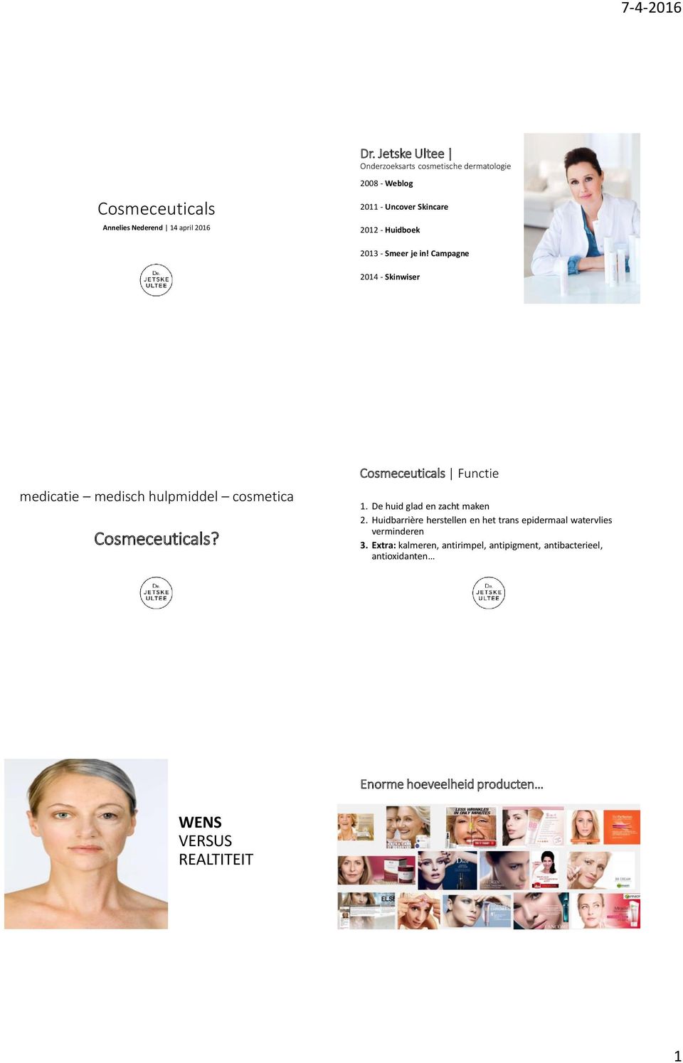 Campagne 2014 - Skinwiser medicatie medisch hulpmiddel cosmetica Cosmeceuticals? Cosmeceuticals Functie 1.