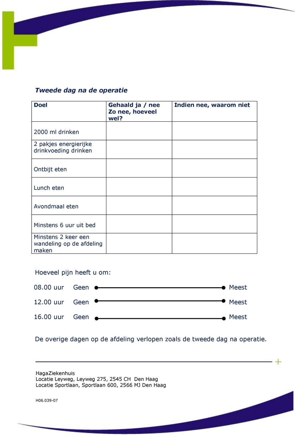 Hoeveel pijn heeft u om: 08.00 uur Geen Meest 12.00 uur Geen Meest 16.