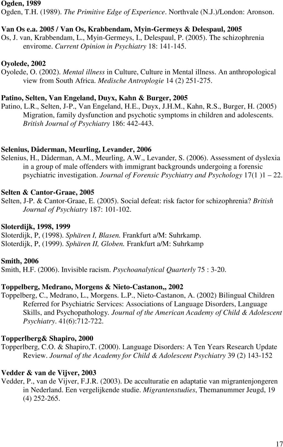 An anthropological view from South Africa. Medische Antroplogie 14 (2) 251-275. Patino, Selten, Van Engeland, Duyx, Kahn & Burger, 2005 Patino, L.R., Selten, J-P., Van Engeland, H.E., Duyx, J.H.M., Kahn, R.