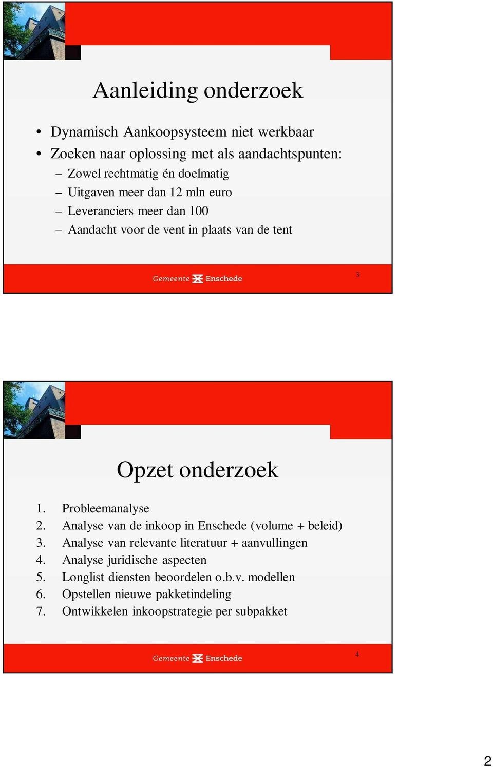 Probleemanalyse 2. Analyse van de inkoop in Enschede (volume + beleid) 3. Analyse van relevante literatuur + aanvullingen 4.