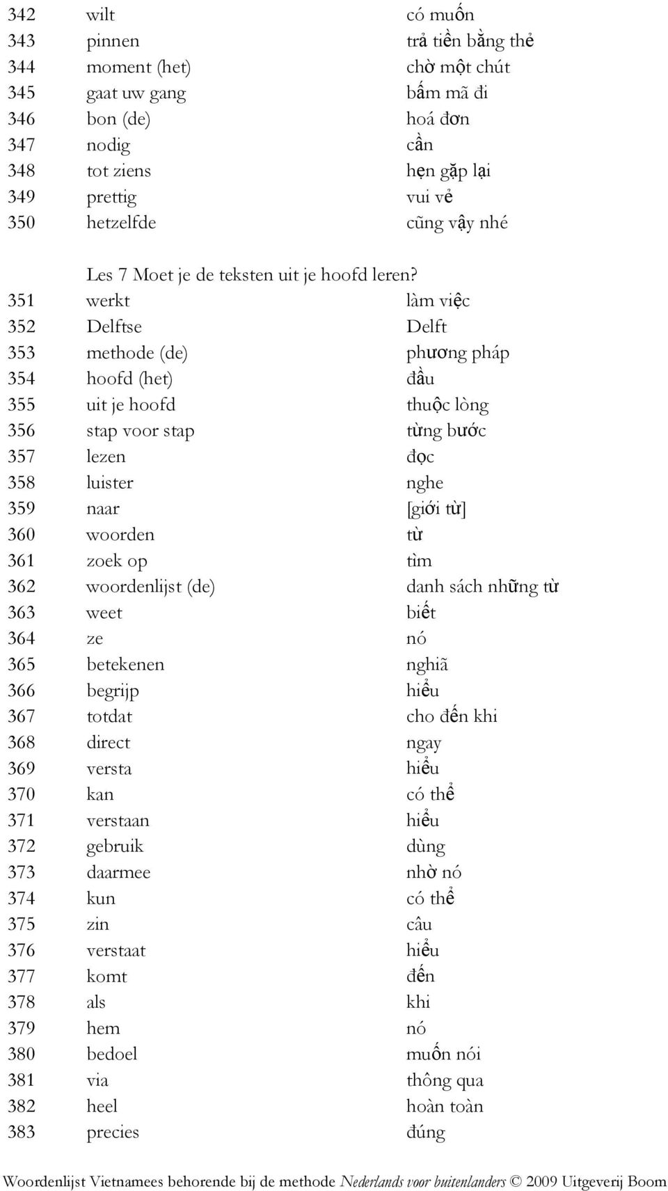 351 werkt làm việc 352 Delftse Delft 353 methode (de) phương pháp 354 hoofd (het) ñầu 355 uit je hoofd thuộc lòng 356 stap voor stap từng bước 357 lezen ñọc 358 luister nghe 359 naar [giới từ] 360
