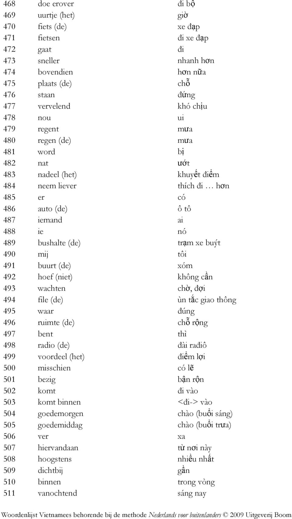 trạm xe buýt 490 mij tôi 491 buurt (de) xóm 492 hoef (niet) không cần 493 wachten chờ, ñợi 494 file (de) ùn tắc giao thông 495 waar ñúng 496 ruimte (de) chỗ rộng 497 bent thì 498 radio (de) ñài rañiô