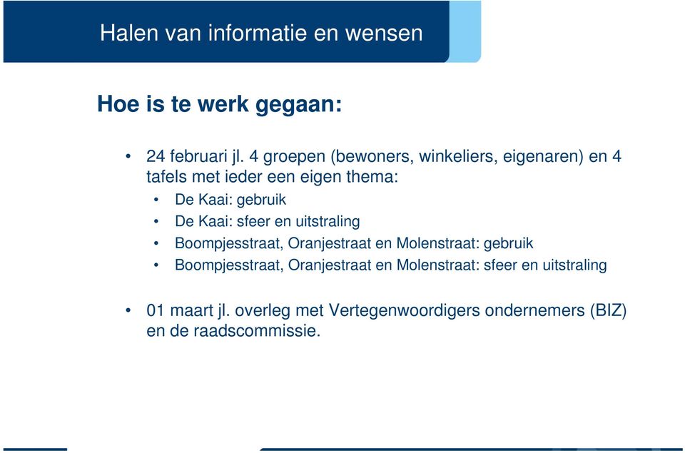 De Kaai: sfeer en uitstraling Boompjesstraat, Oranjestraat en Molenstraat: gebruik Boompjesstraat,