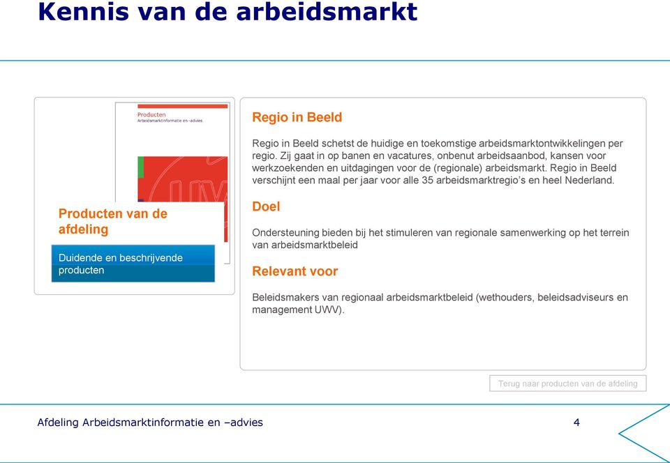 Regio in Beeld verschijnt een maal per jaar voor alle 35 arbeidsmarktregio s en heel Nederland.