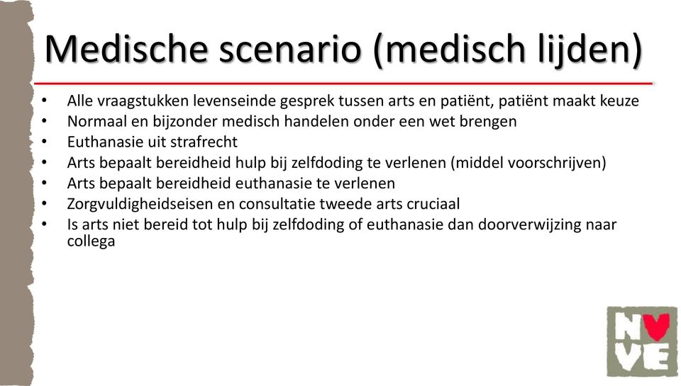 zelfdoding te verlenen (middel voorschrijven) Arts bepaalt bereidheid euthanasie te verlenen Zorgvuldigheidseisen en