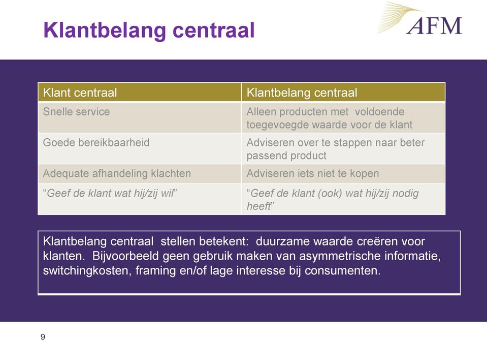 product Adviseren iets niet te kopen Geef de klant (ook) wat hij/zij nodig heeft Klantbelang centraal stellen betekent: duurzame waarde