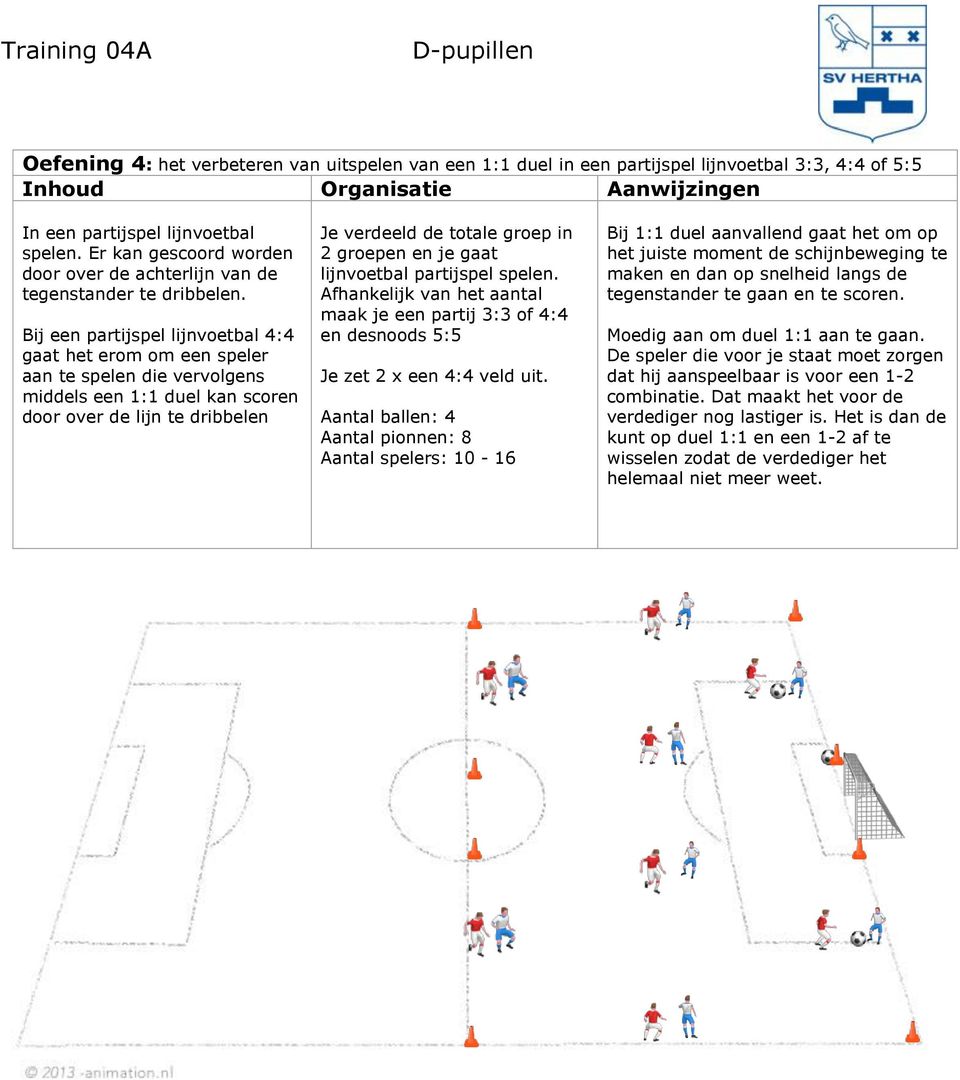 Bij een partijspel lijnvoetbal 4:4 gaat het erom om een speler aan te spelen die vervolgens middels een 1:1 duel kan scoren door over de lijn te dribbelen Je verdeeld de totale groep in 2 groepen en