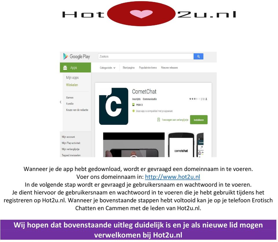 Je dient hiervoor de gebruikersnaam en wachtwoord in te voeren die je hebt gebruikt tijdens het registreren op Hot2u.nl.