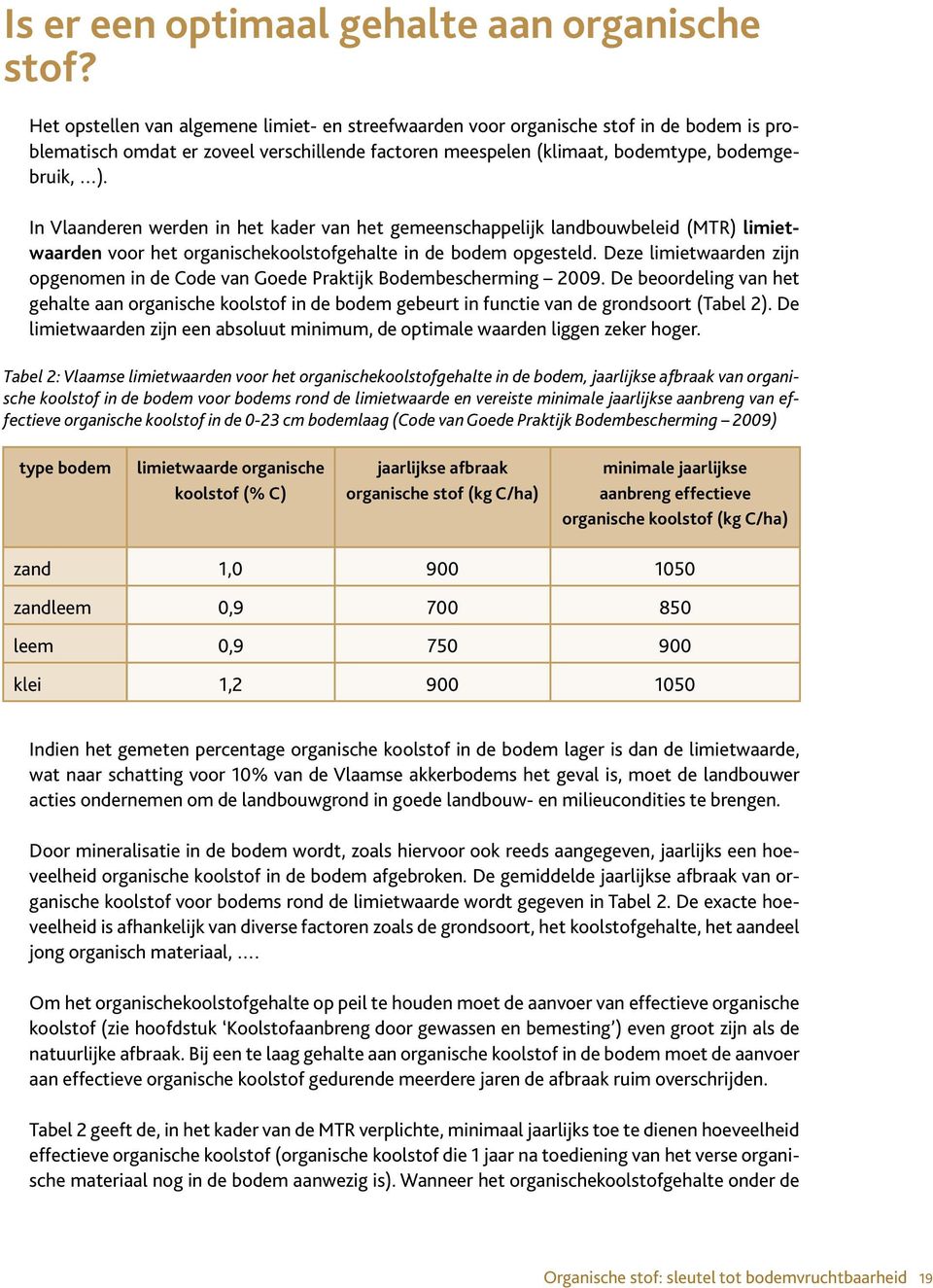 In Vlaanderen werden in het kader van het gemeenschappelijk landbouwbeleid (MTR) limietwaarden voor het organischekoolstofgehalte in de bodem opgesteld.