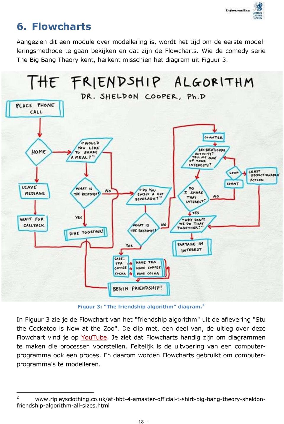 2 In Figuur 3 zie je de Flowchart van het "friendship algorithm" uit de aflevering "Stu the Cockatoo is New at the Zoo". De clip met, een deel van, de uitleg over deze Flowchart vind je op YouTube.
