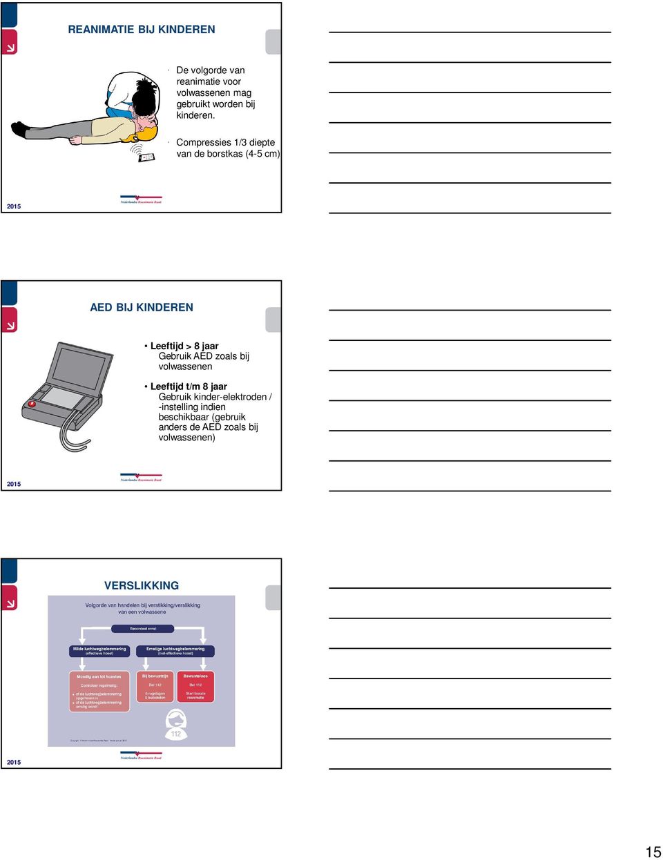 Compressies 1/3 diepte van de borstkas (4-5 cm) AED BIJ KINDEREN Leeftijd > 8 jaar