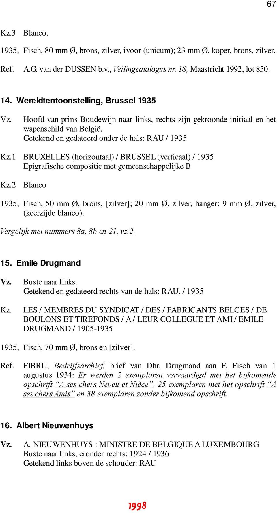 Getekend en gedateerd onder de hals: RAU / 1935 1 BRUXELLES (horizontaal) / BRUSSEL (verticaal) / 1935 Epigrafische compositie met gemeenschappelijke B 2 Blanco 1935, Fisch, 50 mm Ø, brons, [zilver];