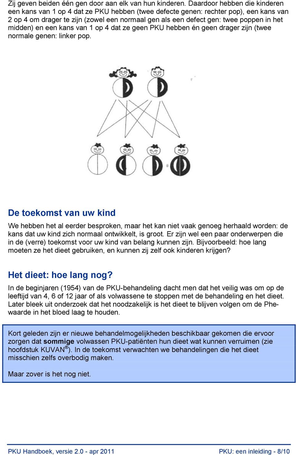 het midden) en een kans van 1 op 4 dat ze geen PKU hebben én geen drager zijn (twee normale genen: linker pop.