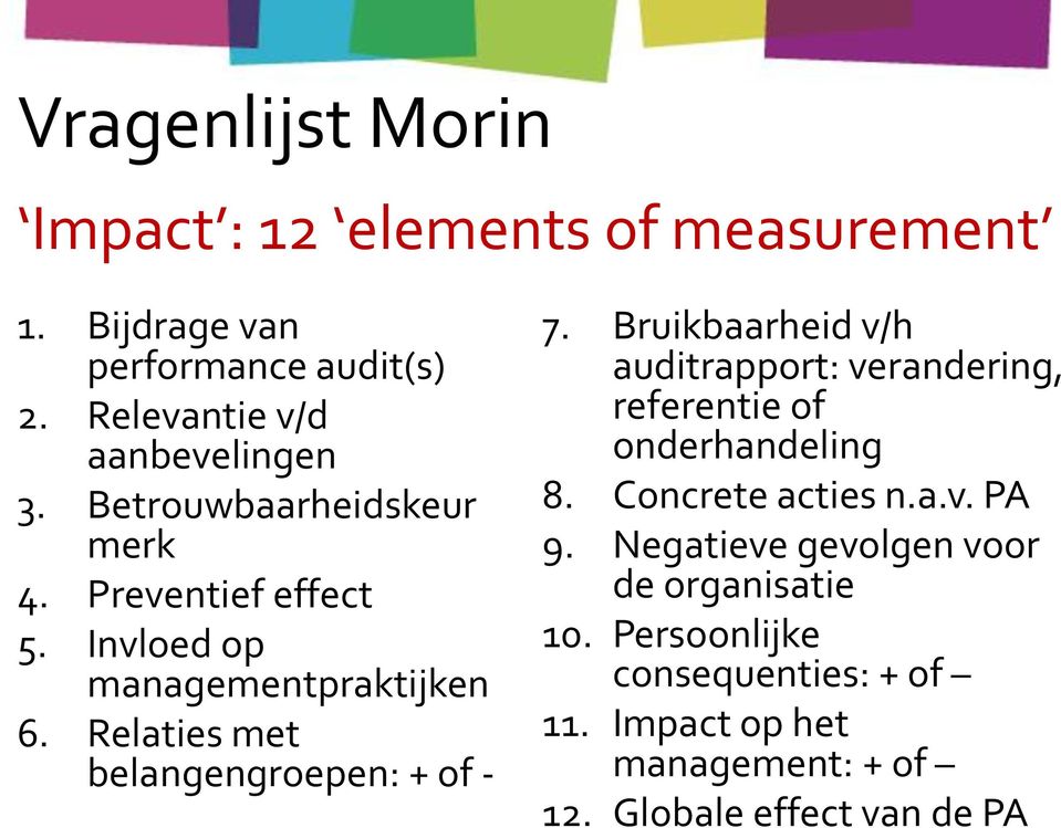 Relaties met belangengroepen: + of - 7. Bruikbaarheid v/h auditrapport: verandering, referentie of onderhandeling 8.