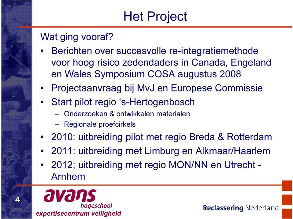 Wales Symposium COSA augustus 2008 Projectaanvraag bij MvJ en Europese Commissie Start pilot regio s-hertogenbosch